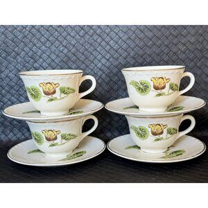 Crooksville Delmar Begonia La Grande 4 Each Coffee Cups And Saucers 1940s 50s